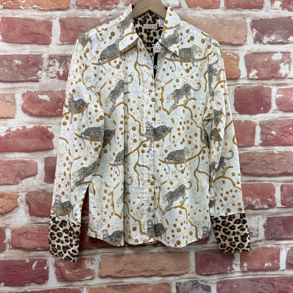 Tizzie Top Women's L White Multicolor Leopard Animal Print Abstract Casual Shirt - Picture 2 of 8